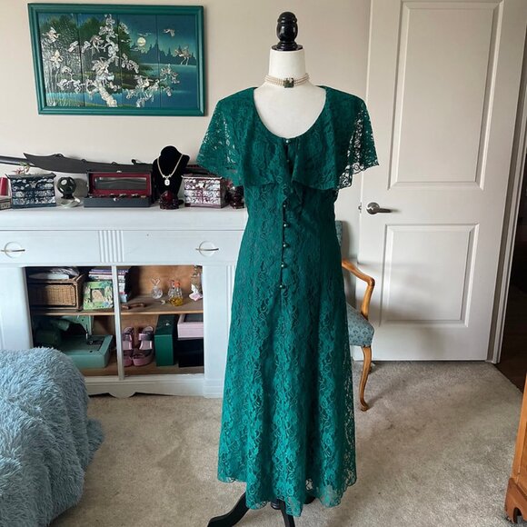 80s Nu Mode Green Lace Dress <3 - Picture 1 of 6